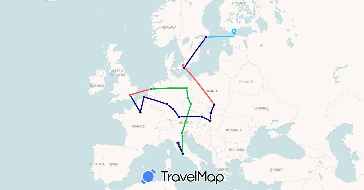 TravelMap itinerary: driving, bus, hiking, boat in Belgium, Czech Republic, Germany, Denmark, Estonia, France, United Kingdom, Hungary, Italy, Netherlands, Poland, Sweden, Slovakia (Europe)