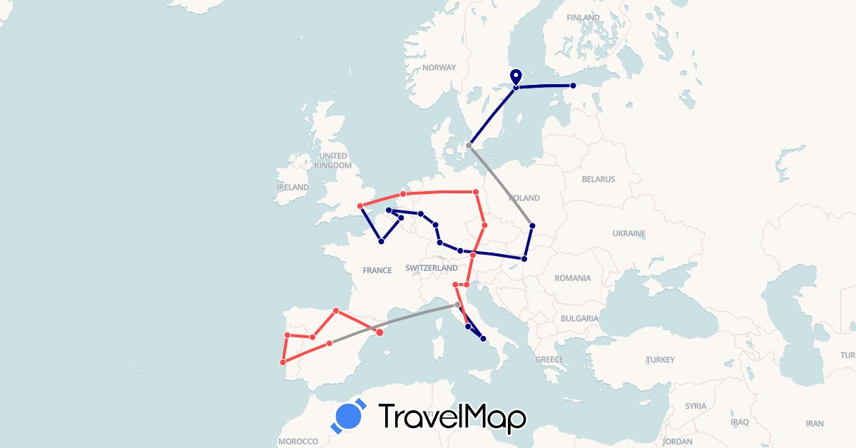 TravelMap itinerary: driving, plane, hiking in Austria, Belgium, Czech Republic, Germany, Denmark, Estonia, Spain, France, United Kingdom, Hungary, Italy, Netherlands, Poland, Portugal, Sweden (Europe)